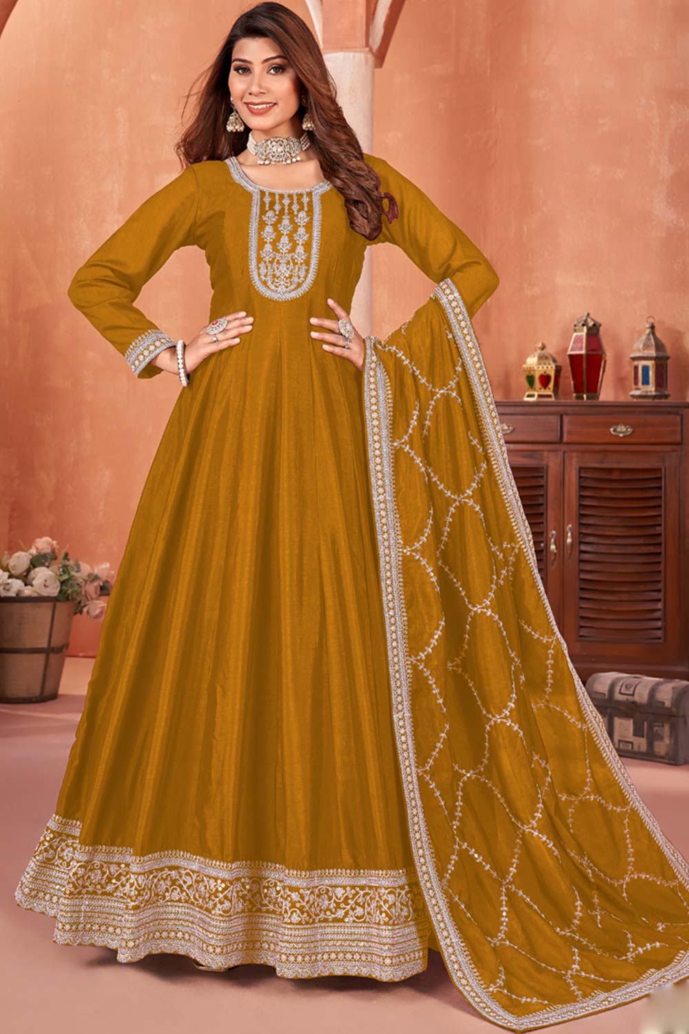 Mustard Silk Embroidered Full Sleeve Round Neck Anarkali Salwar Kameez