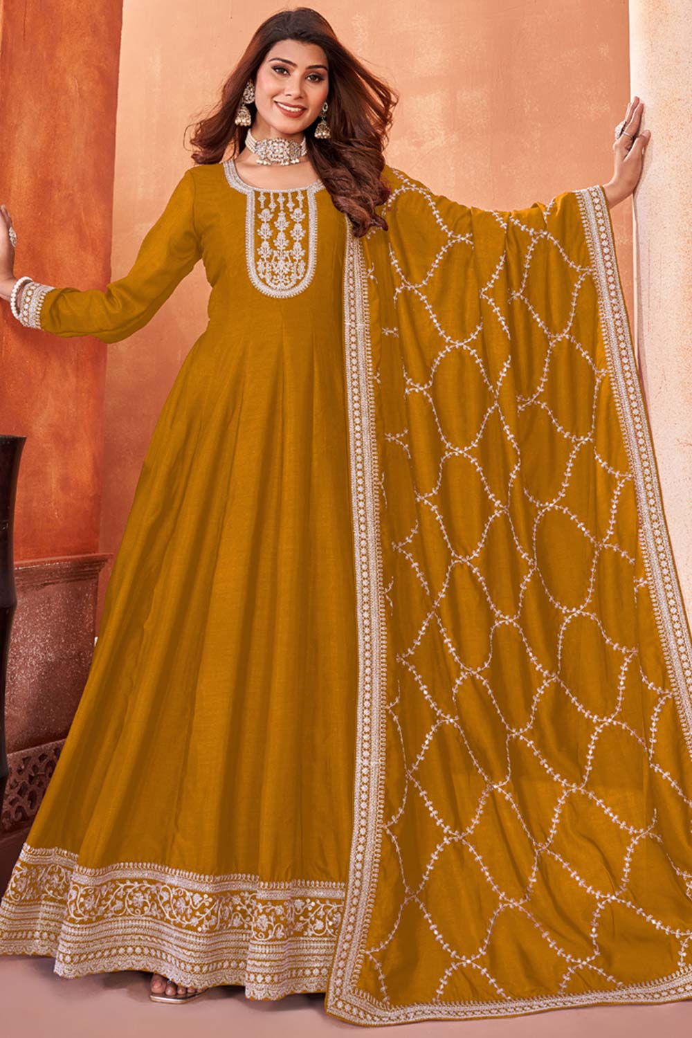 Mustard Silk Embroidered Full Sleeve Round Neck Anarkali Salwar Kameez