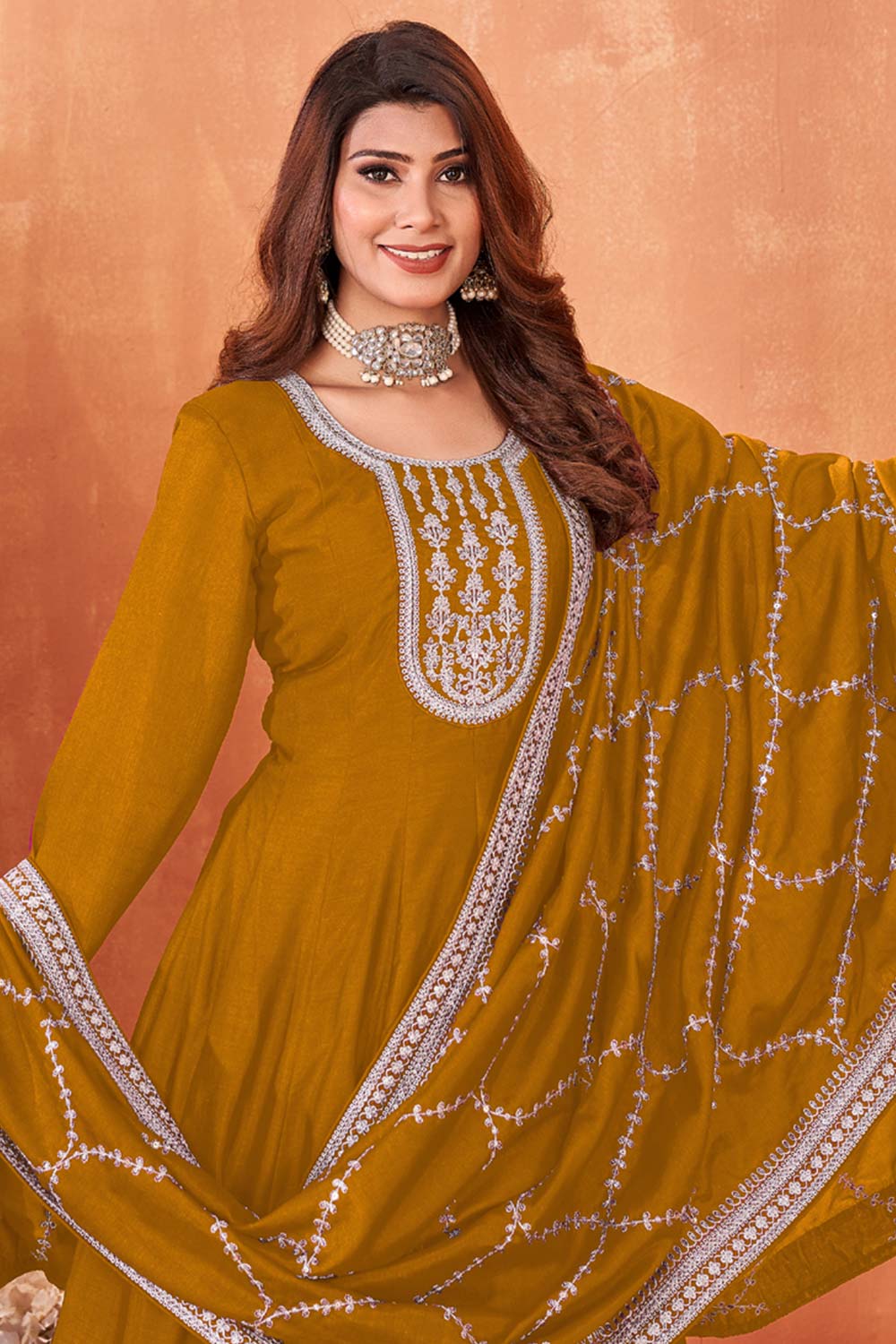 Mustard Silk Embroidered Full Sleeve Round Neck Anarkali Salwar Kameez