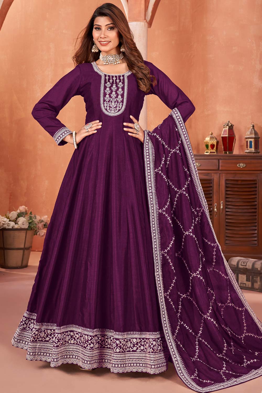 Wine Silk Embroidered Full Sleeve Round Neck Anarkali Salwar Kameez