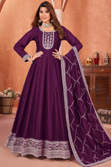 Wine Silk Embroidered Full Sleeve Round Neck Anarkali Salwar Kameez