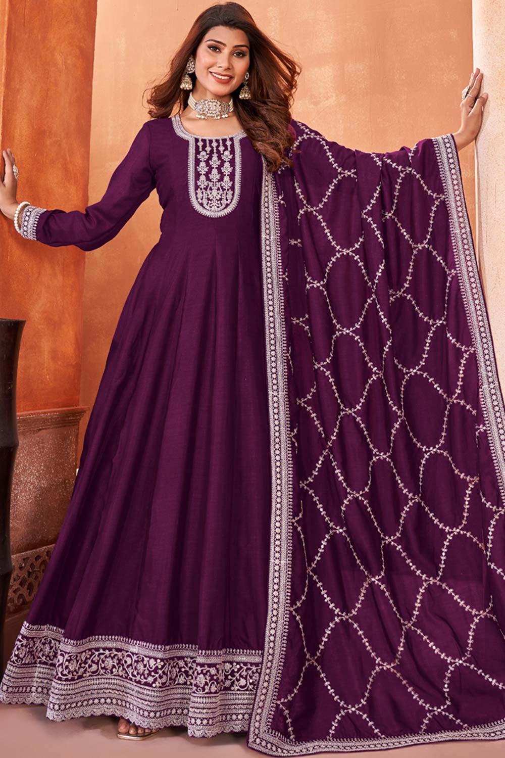 Wine Silk Embroidered Full Sleeve Round Neck Anarkali Salwar Kameez