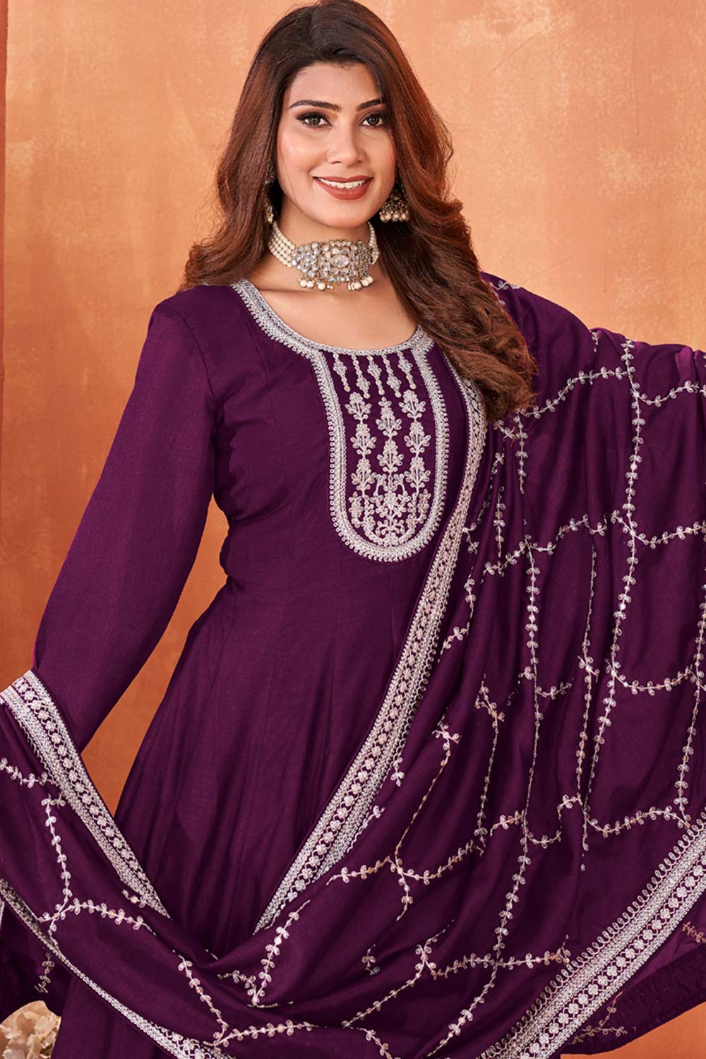 Wine Silk Embroidered Full Sleeve Round Neck Anarkali Salwar Kameez