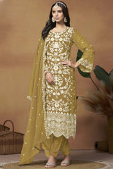 Mustard Organza Embroidered Full Sleeve Round Neck Salwar Kameez