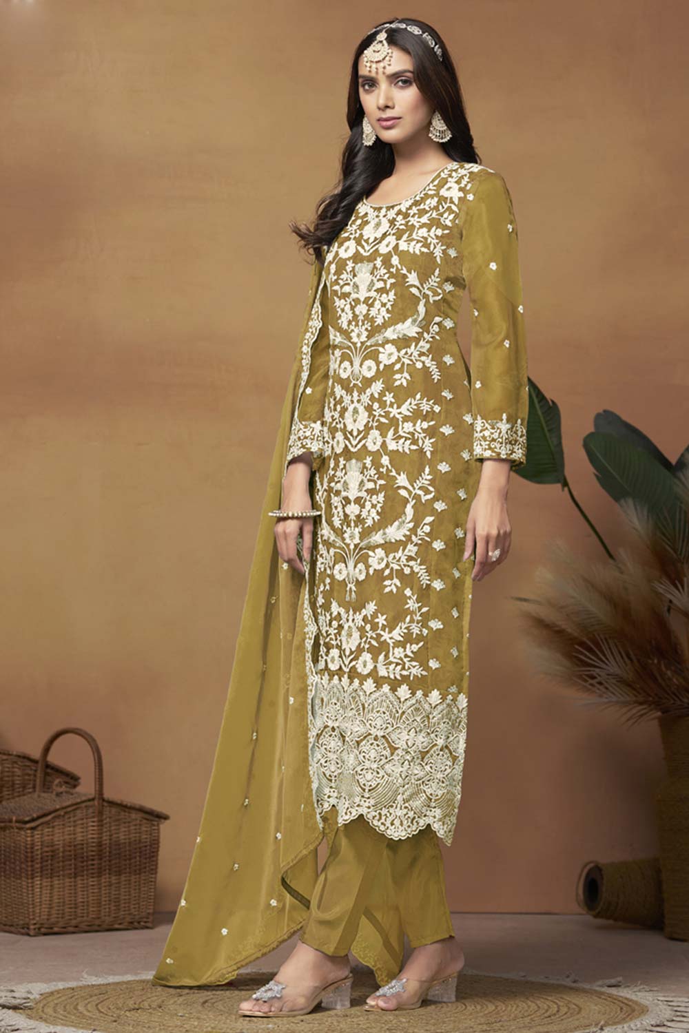 Mustard Organza Embroidered Full Sleeve Round Neck Salwar Kameez