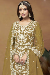 Mustard Organza Embroidered Full Sleeve Round Neck Salwar Kameez