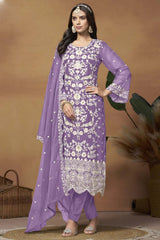 Lavender Organza Embroidered Full Sleeve Round Neck Salwar Kameez