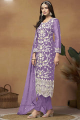 Lavender Organza Embroidered Full Sleeve Round Neck Salwar Kameez