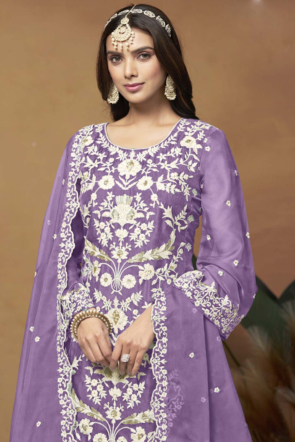 Lavender Organza Embroidered Full Sleeve Round Neck Salwar Kameez