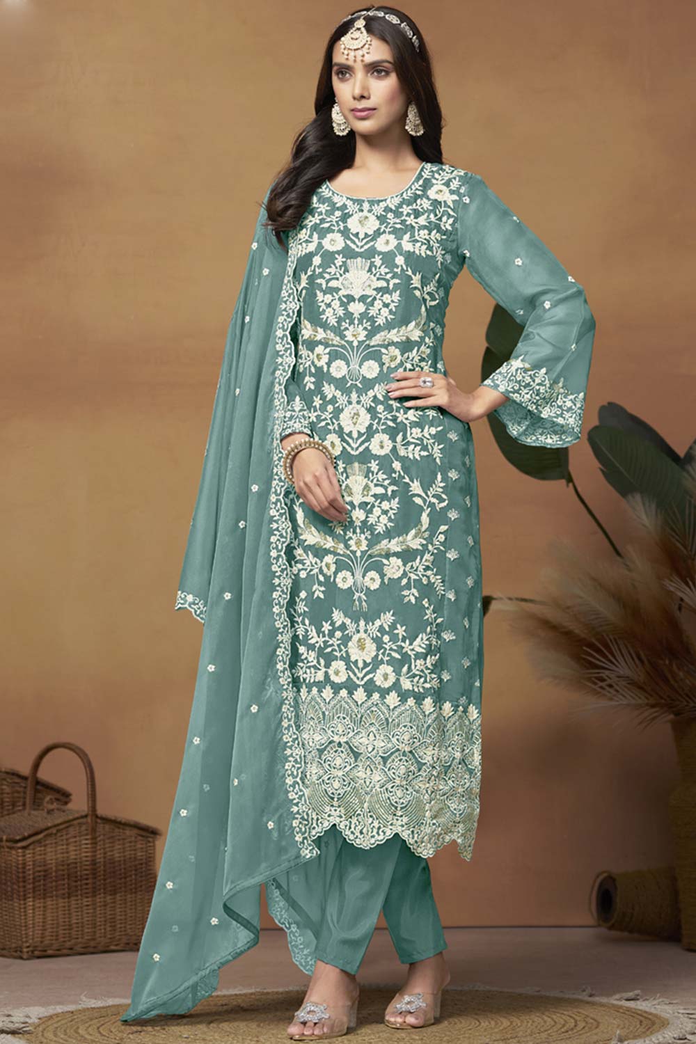 Grey Organza Embroidered Full Sleeve Round Neck Salwar Kameez