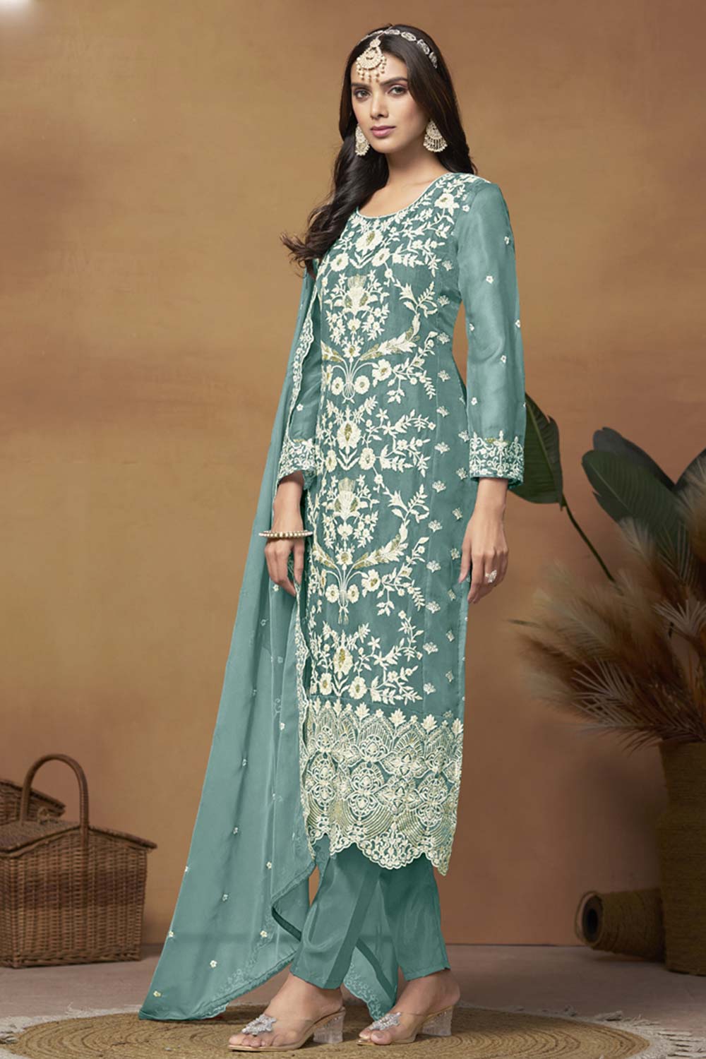 Grey Organza Embroidered Full Sleeve Round Neck Salwar Kameez