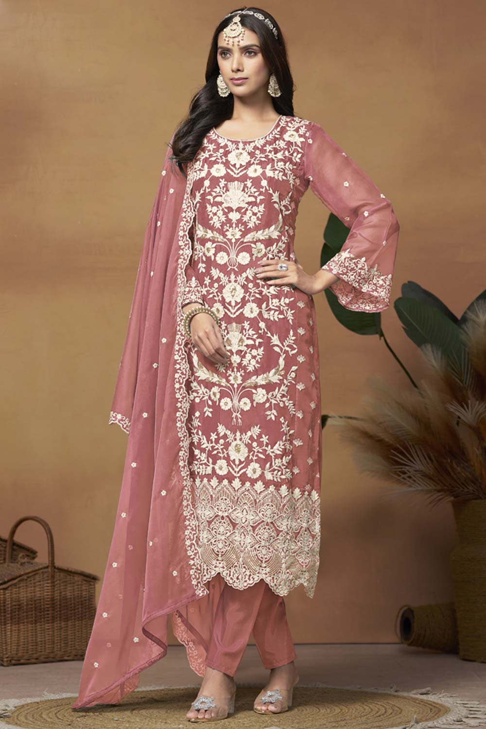 Peach Organza Embroidered Full Sleeve Round Neck Salwar Kameez