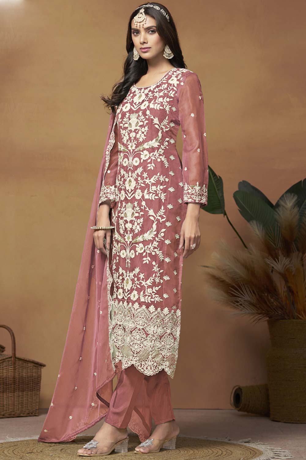 Peach Organza Embroidered Full Sleeve Round Neck Salwar Kameez