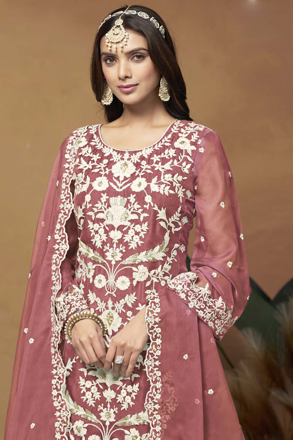 Peach Organza Embroidered Full Sleeve Round Neck Salwar Kameez