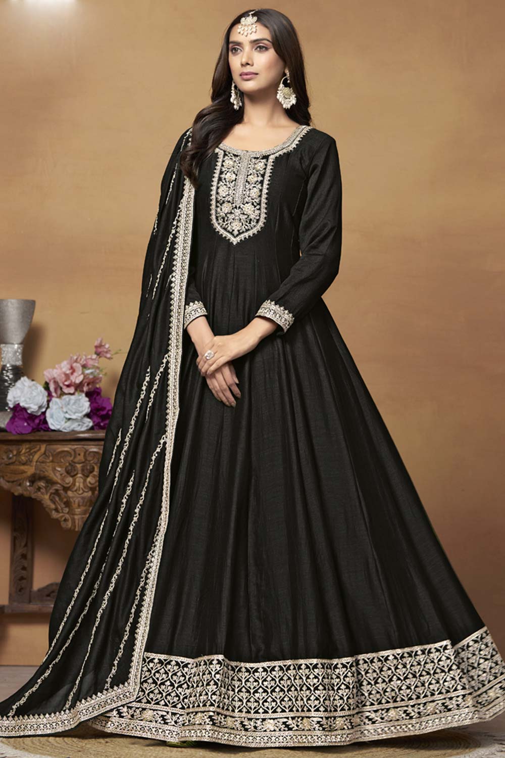 Black Silk Embroidered Full Sleeve Round Neck Anarkali Salwar Kameez