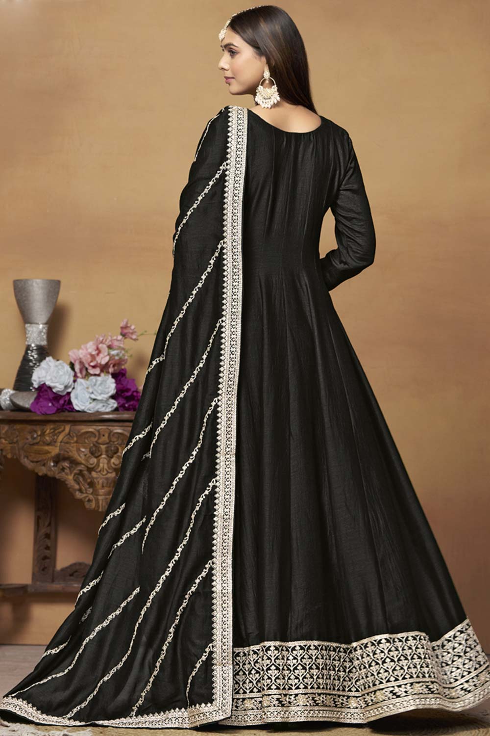 Black Silk Embroidered Full Sleeve Round Neck Anarkali Suit