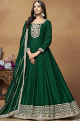 Green Silk Embroidered Full Sleeve Round Neck Anarkali Suit