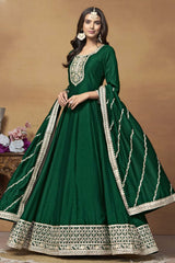 Green Silk Embroidered Full Sleeve Round Neck Anarkali Salwar Kameez