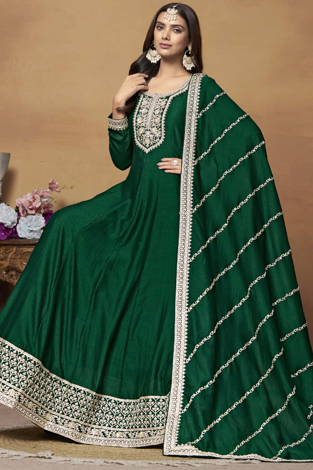 Green Silk Embroidered Full Sleeve Round Neck Anarkali Salwar Kameez