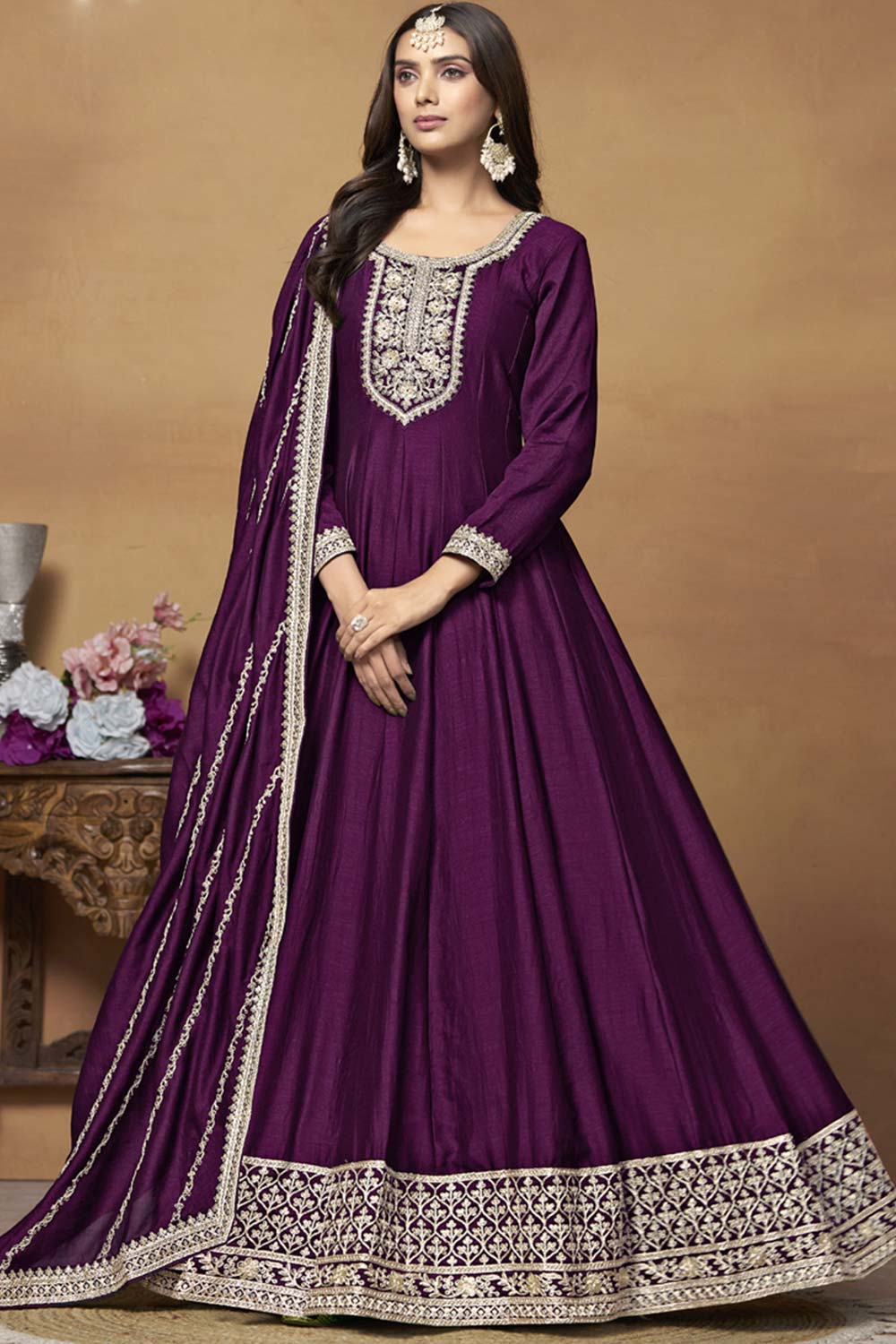 Wine Silk Embroidered Full Sleeve Round Neck Anarkali Salwar Kameez