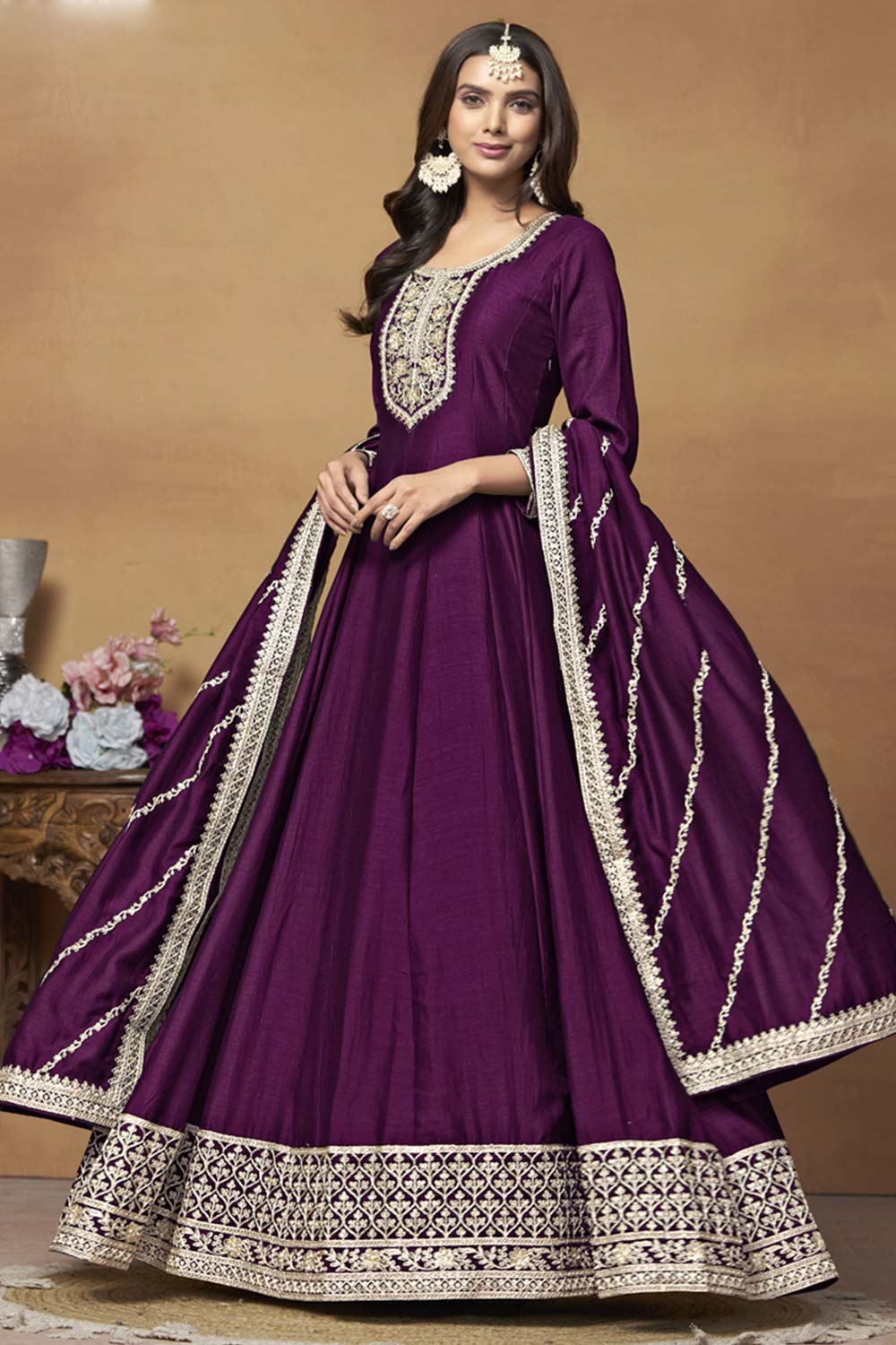 Wine Silk Embroidered Full Sleeve Round Neck Anarkali Salwar Kameez