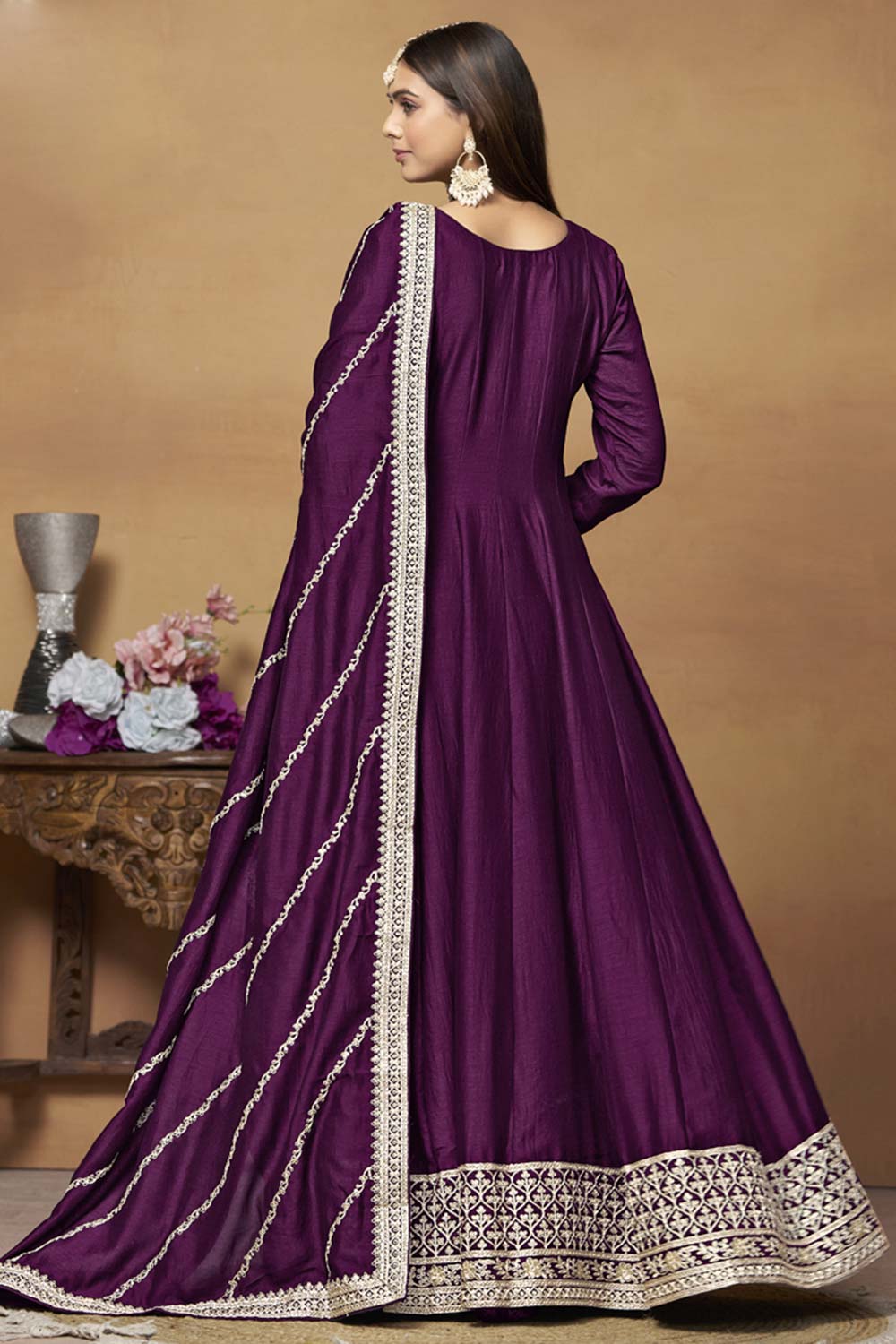 Wine Silk Embroidered Full Sleeve Round Neck Anarkali Salwar Kameez