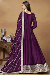 Wine Silk Embroidered Full Sleeve Round Neck Anarkali Salwar Kameez