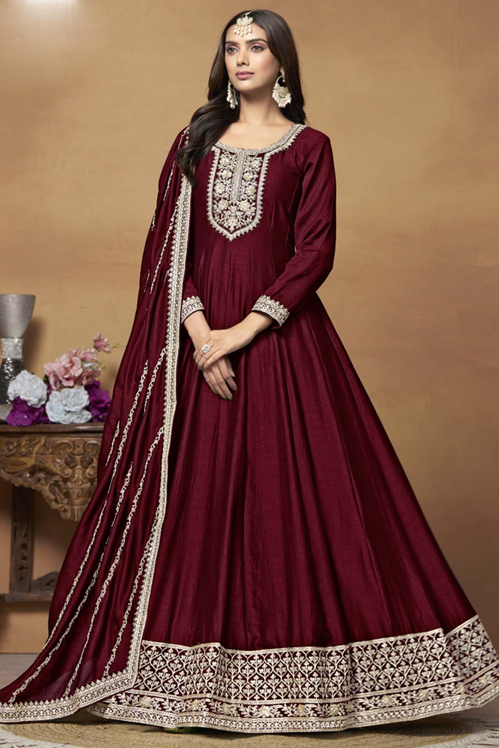 Maroon Silk Embroidered Full Sleeve Round Neck Anarkali Salwar Kameez