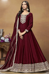 Maroon Silk Embroidered Full Sleeve Round Neck Anarkali Salwar Kameez