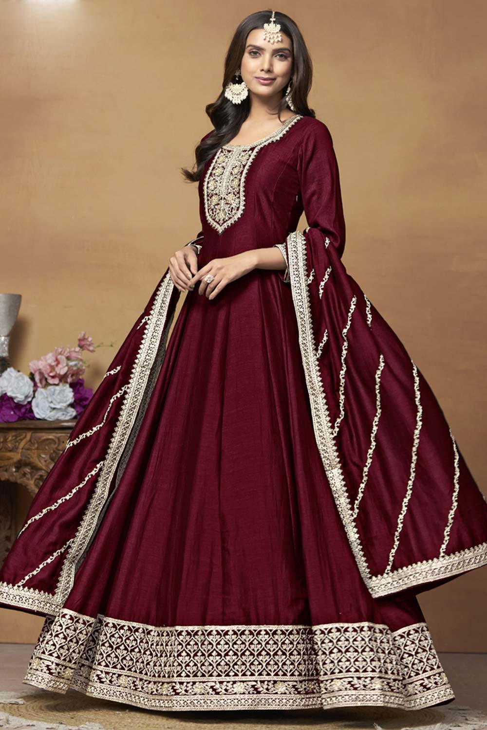 Maroon Silk Embroidered Full Sleeve Round Neck Anarkali Salwar Kameez