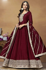 Maroon Silk Embroidered Full Sleeve Round Neck Anarkali Salwar Kameez