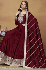 Maroon Silk Embroidered Full Sleeve Round Neck Anarkali Salwar Kameez