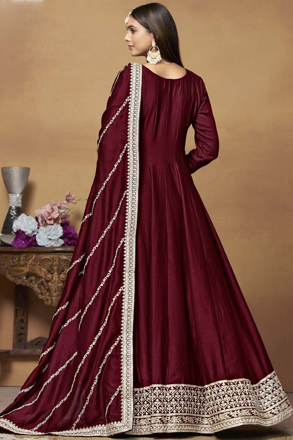 Maroon Silk Embroidered Full Sleeve Round Neck Anarkali Salwar Kameez