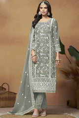 Grey Organza Embroidered Full Sleeve Round Neck Salwar Kameez