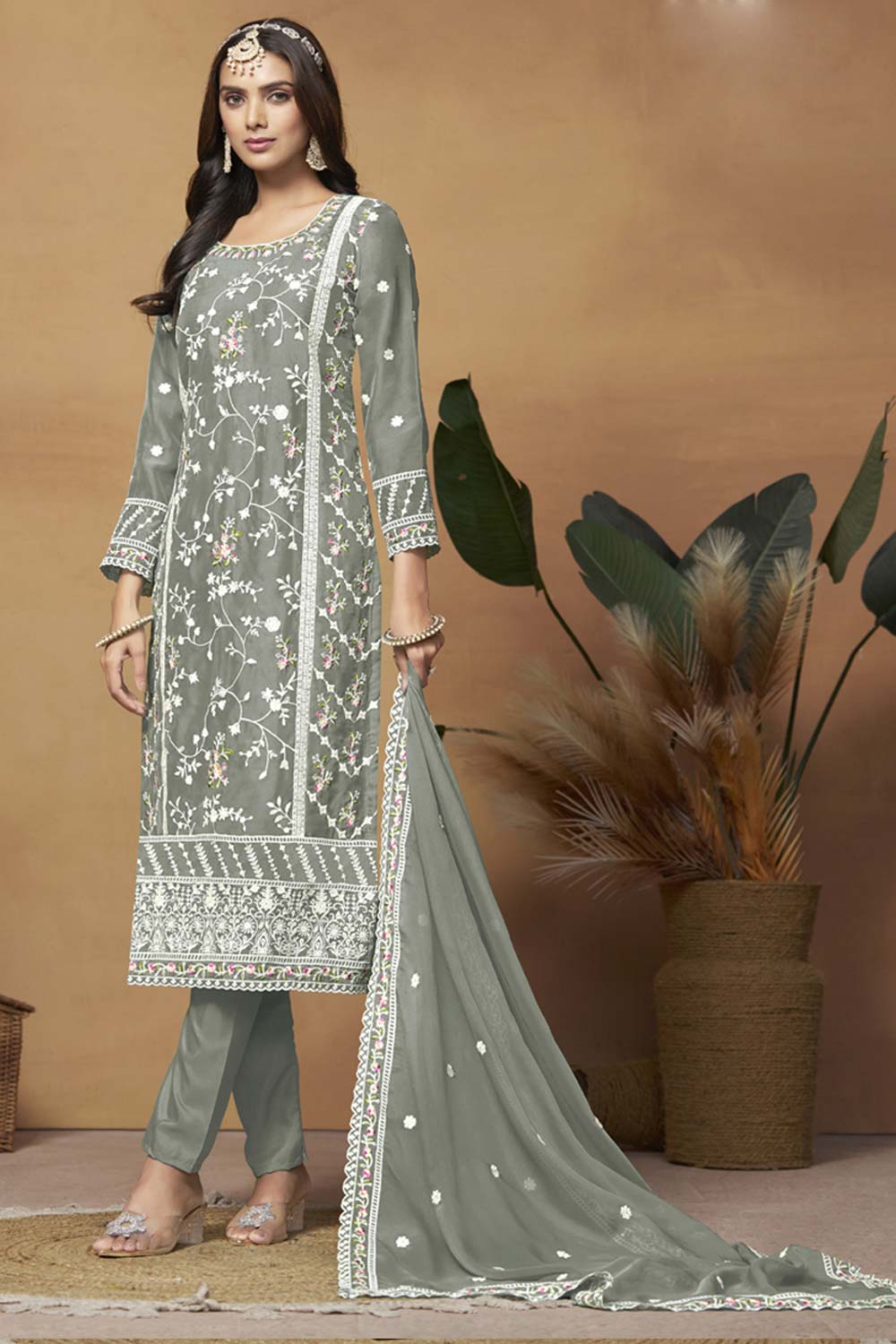 Grey Organza Embroidered Full Sleeve Round Neck Salwar Kameez