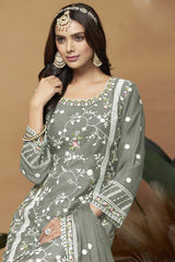 Grey Organza Embroidered Full Sleeve Round Neck Salwar Kameez