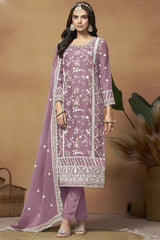 Onion-Pink Organza Embroidered Full Sleeve Round Neck Salwar Kameez