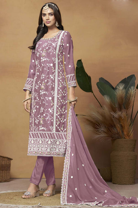 Onion-Pink Organza Embroidered Full Sleeve Round Neck Salwar Kameez