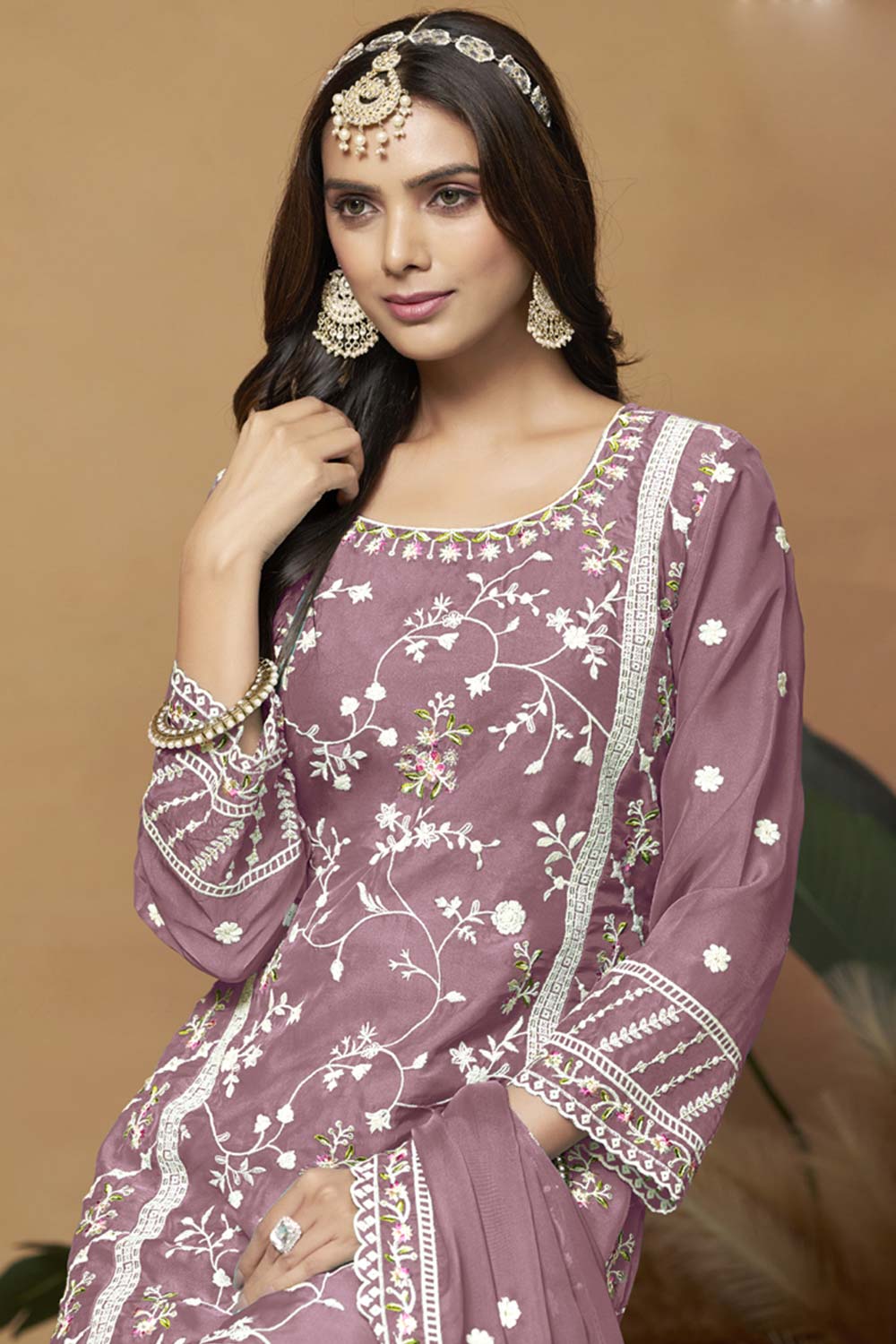 Onion-Pink Organza Embroidered Full Sleeve Round Neck Salwar Kameez