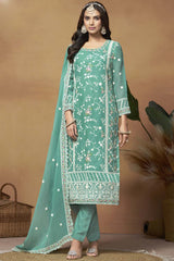 Green Organza Embroidered Full Sleeve Round Neck Salwar Kameez