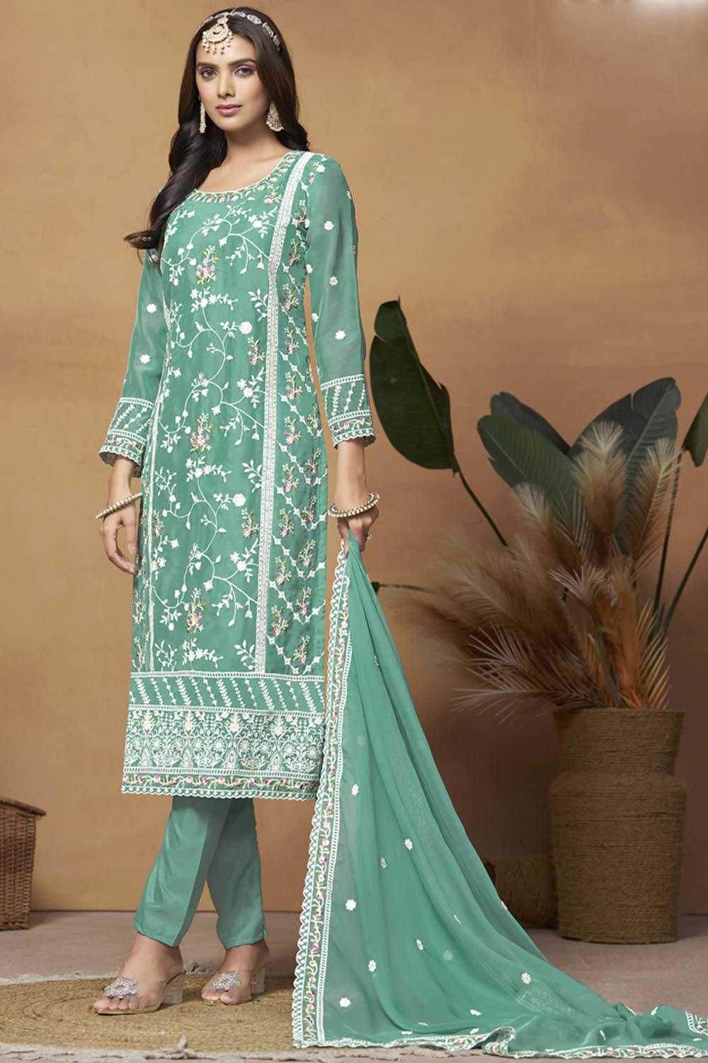 Green Organza Embroidered Full Sleeve Round Neck Salwar Kameez