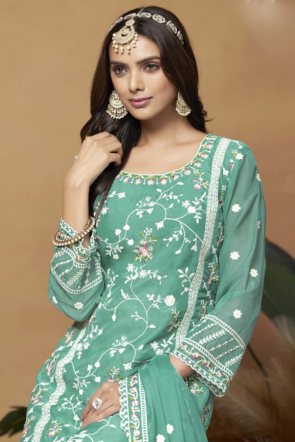 Green Organza Embroidered Full Sleeve Round Neck Salwar Kameez