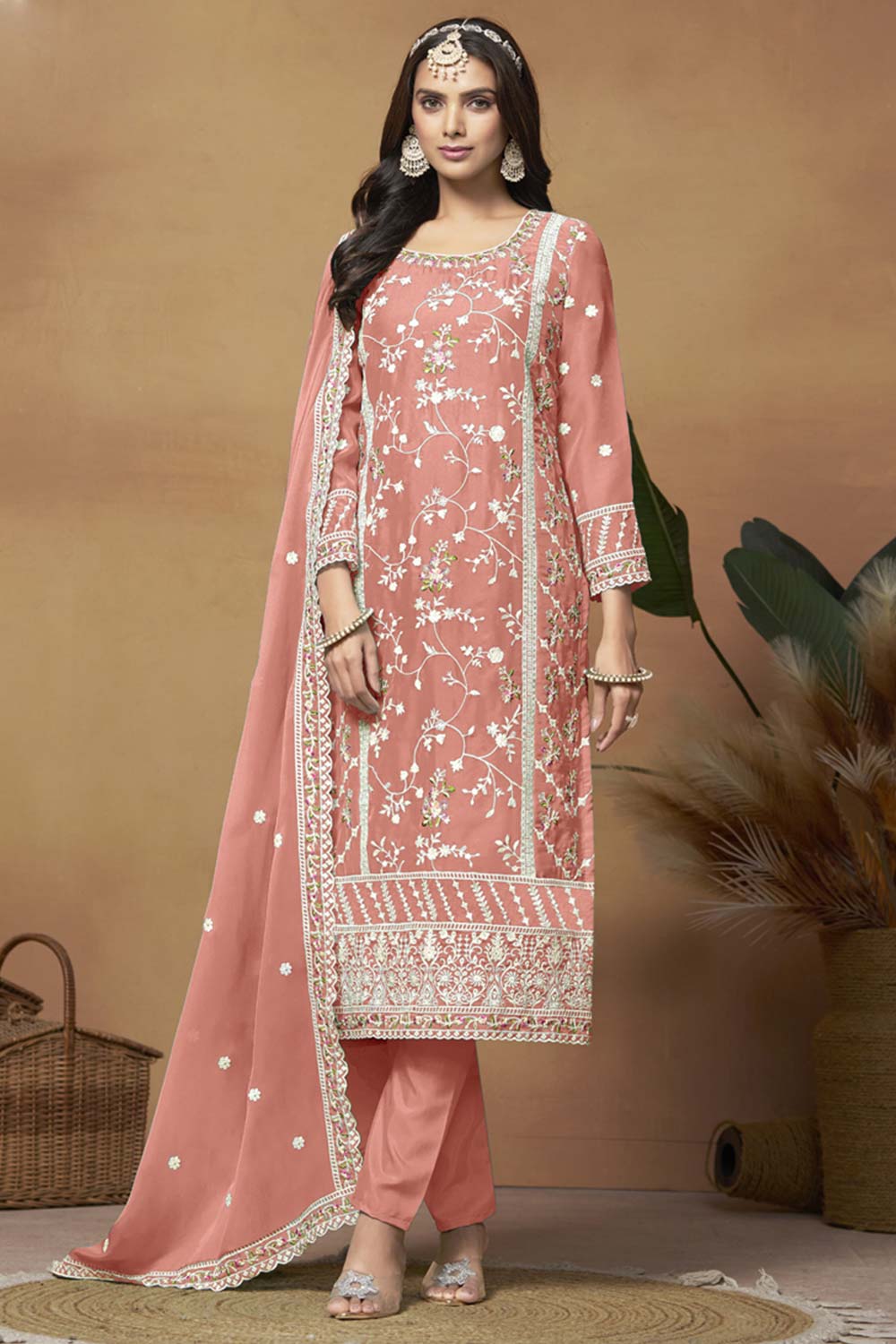 Peach Organza Embroidered Full Sleeve Round Neck Salwar Kameez