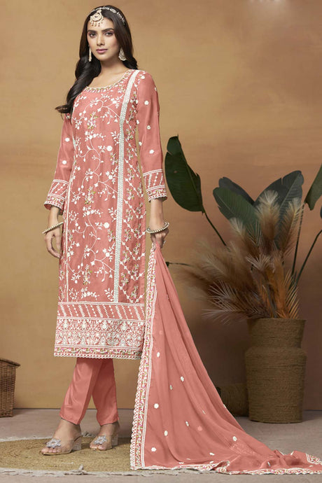 Peach Organza Embroidered Full Sleeve Round Neck Salwar Kameez