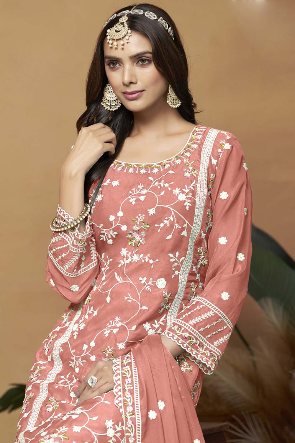 Peach Organza Embroidered Full Sleeve Round Neck Salwar Kameez