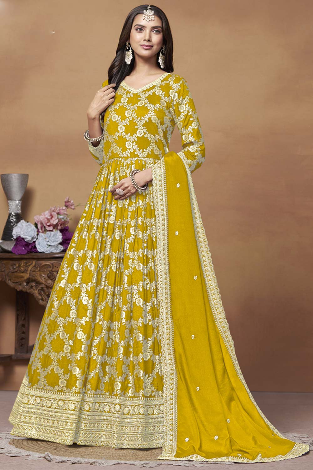 Yellow Silk Embroidered Full Sleeve V Neck Anarkali Suit