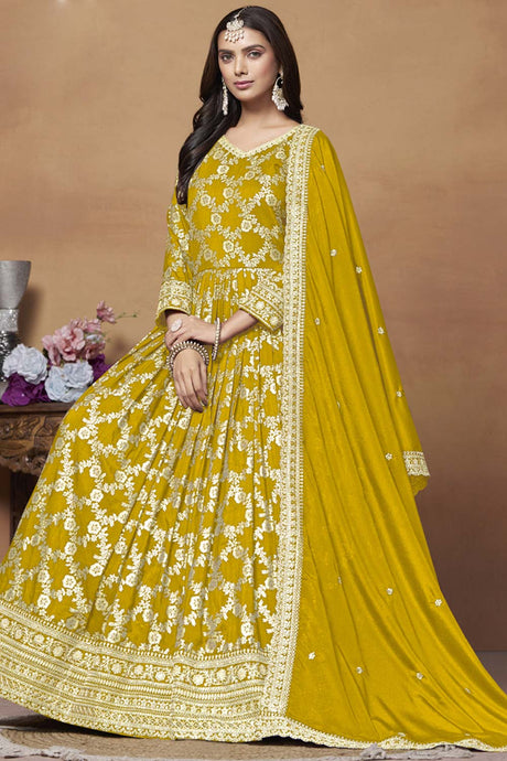 Yellow Silk Embroidered Full Sleeve V Neck Anarkali Salwar Kameez