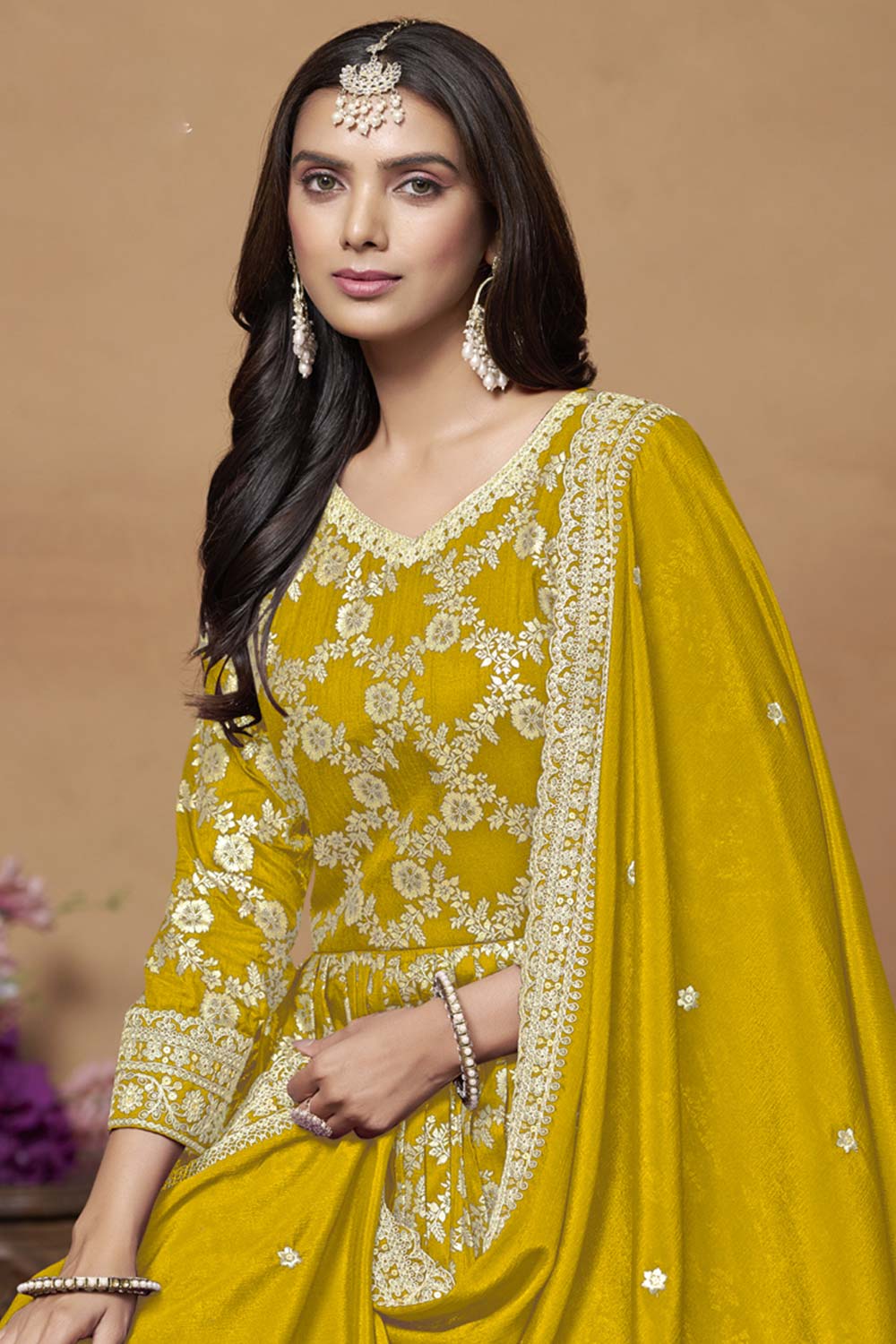 Yellow Silk Embroidered Full Sleeve V Neck Anarkali Salwar Kameez