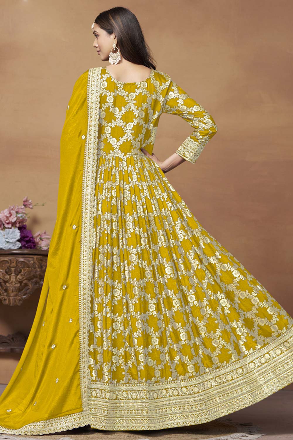 Yellow Silk Embroidered Full Sleeve V Neck Anarkali Salwar Kameez