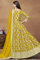 Yellow Silk Embroidered Full Sleeve V Neck Anarkali Suit